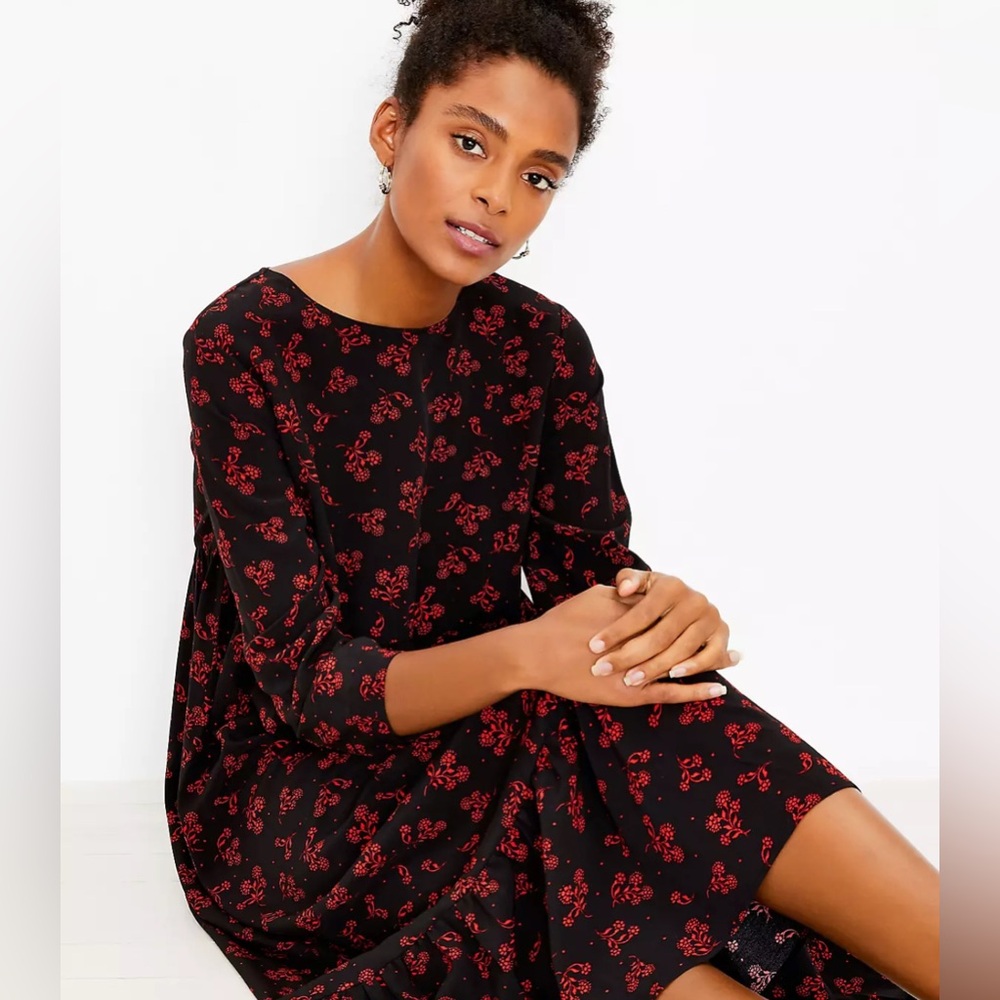 NEW $100 Ann Taylor LOFT Garden Ruffle‎ Midi Dress Black Floral Large Lagenlook